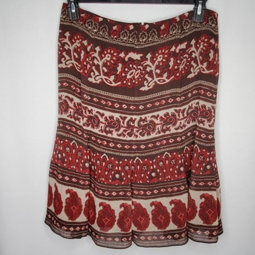 Jones Wear Boho Striped Print Midi Flare Skirt Brown Red 10P
